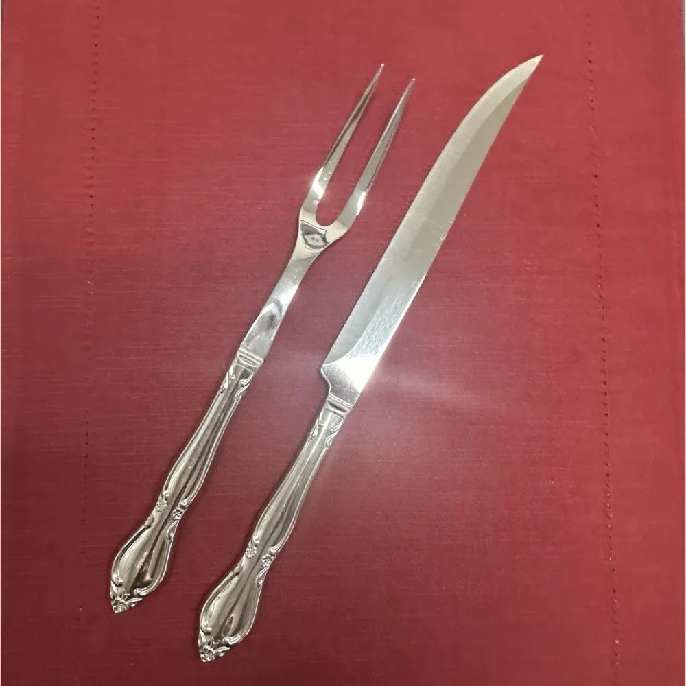 Vintage Imperial Stainless Rosedale Carving Set Knife & Fork USA Floral Design